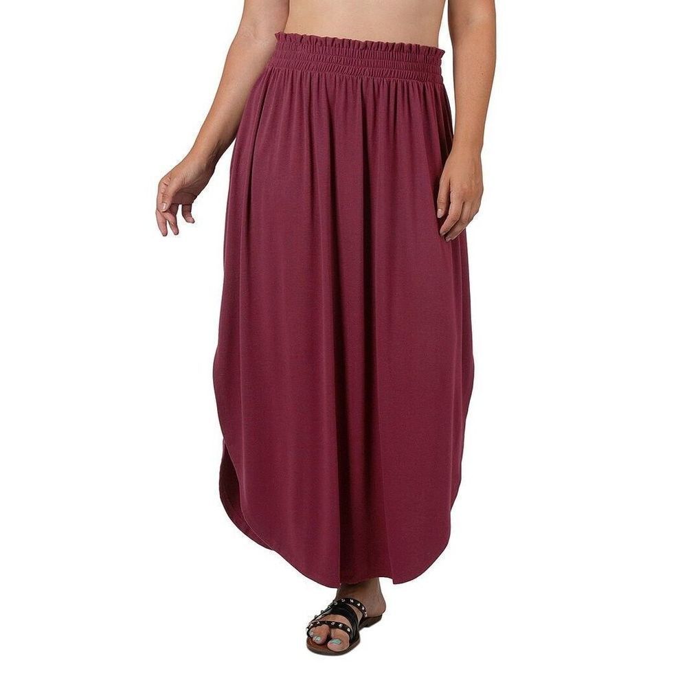 Dark Burgundy Smocked Waist Curved Hem Pocket Maxi Skirt Plus Size 2X